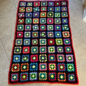 Colorful Crochet Blanket Handmade with Black and Red vibrant Border